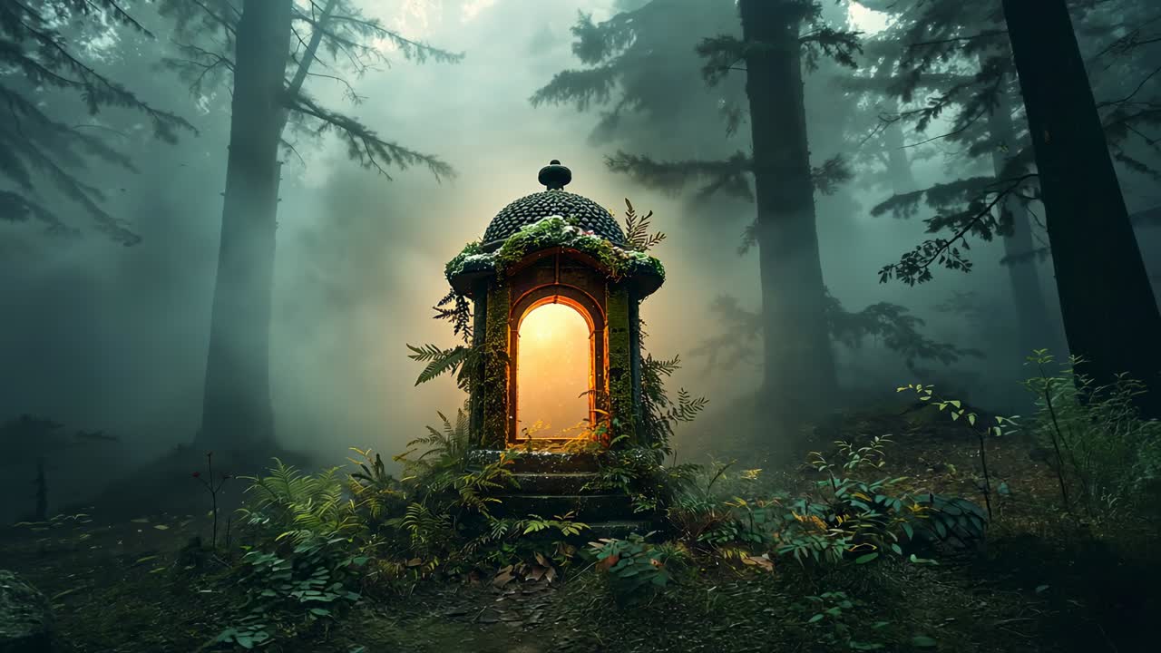 Increasing golden glow drawing camera tighter on mossy shrine on steps in pine forest, fog shifting