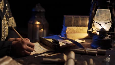 lámpara de queroseno escena de escritura histórica.