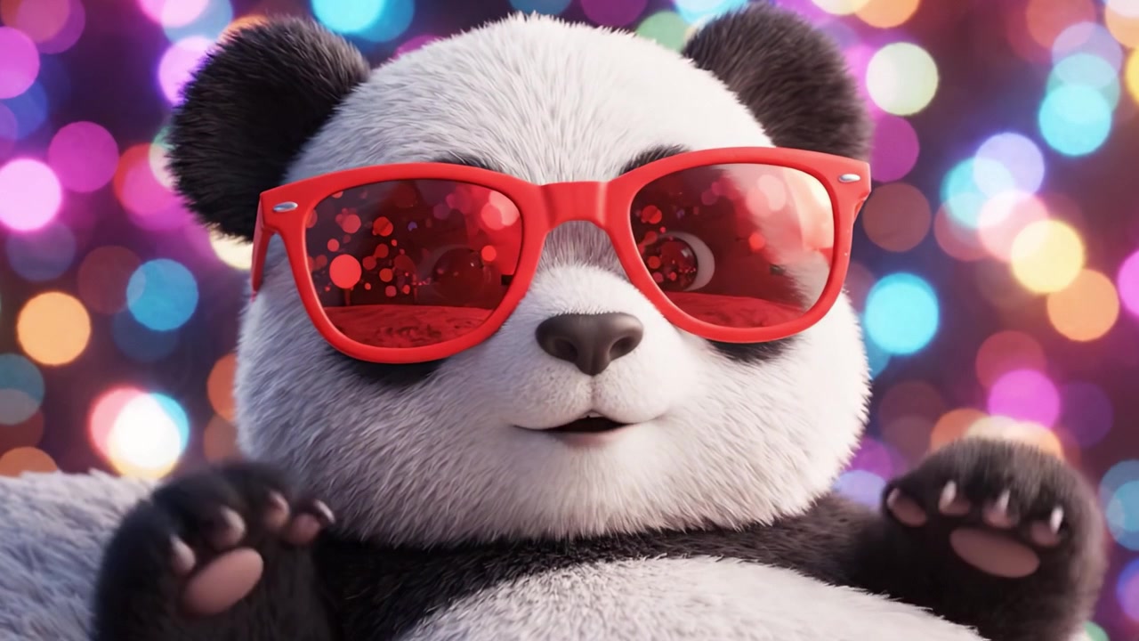 Adorabile panda che si gode una festa divertente, con eleganti occhiali da sole rossi e circondato da luci bokeh colorate che creano un'atmosfera festosa e allegra
