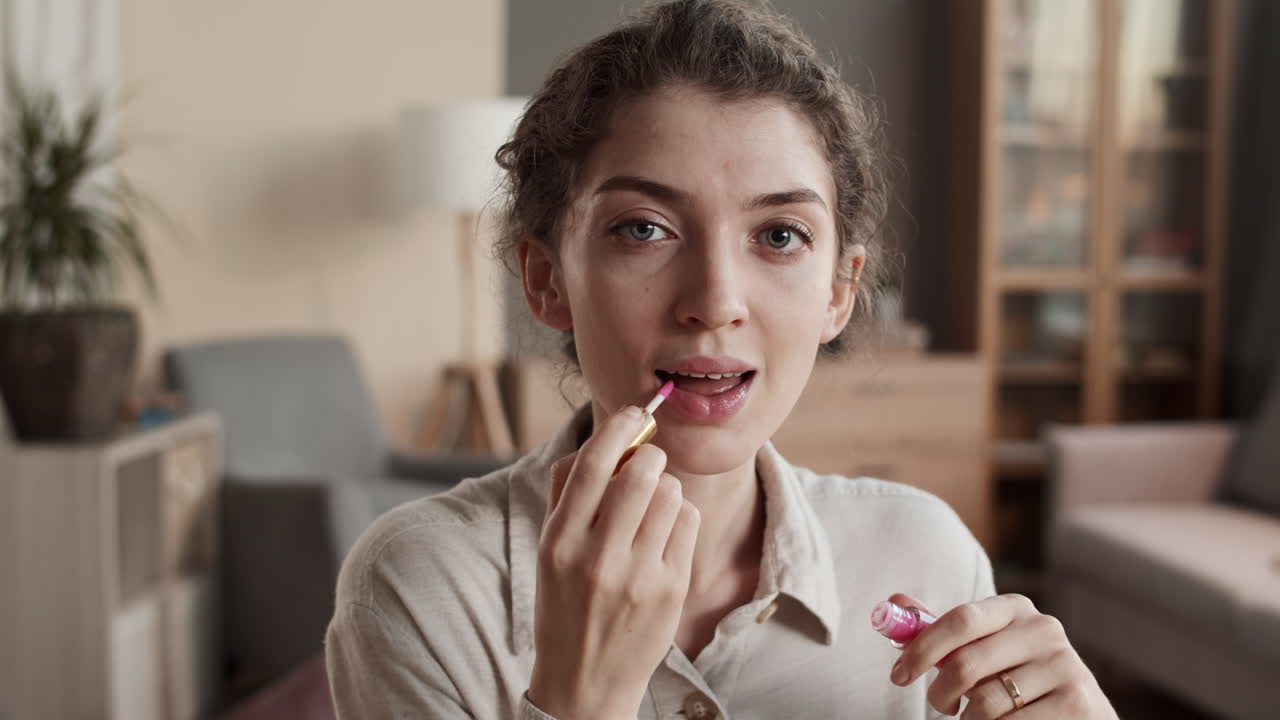 joven mujer caucásica aplicando brillo para los labios