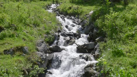 Arroyo-De-Montaña-Que-Fluye-Sobre-Rocas-Con-Hierba-Verde