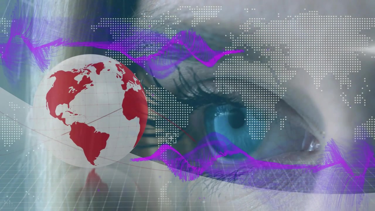 Olhar de mulher se abrindo enquanto uma forma de onda roxa emerge à esquerda, animando um globo e um mapa para transmissão