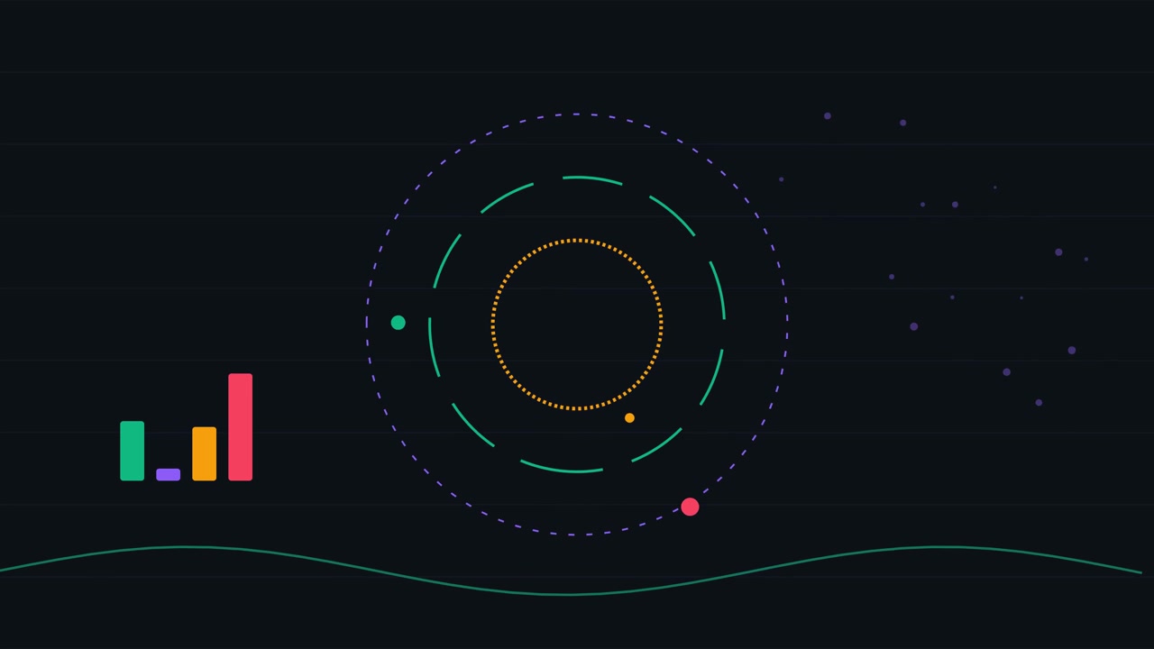 Abstract Motion Graphics Animation with Orbiting Spheres and Bar Chart