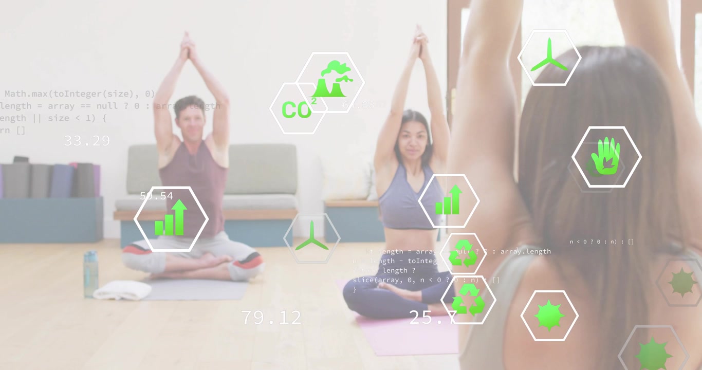 Pessoas Praticando Ioga com Sobreposições de Dados Ambientais Digitais