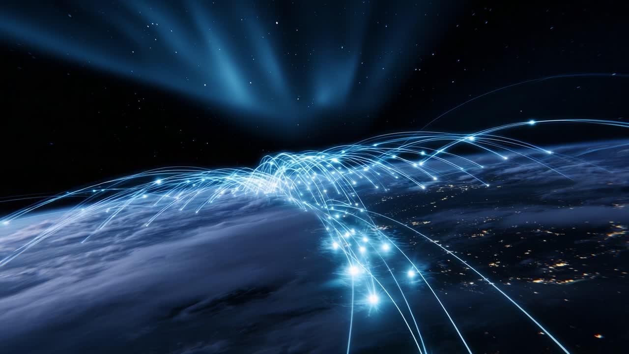 A Captivating Depiction of Global Connectivity and Radiant Pathways Over Earth: Light Trails Emphasizing the Interconnected Nature of Modern Technology and Communication in a Cosmic Setting