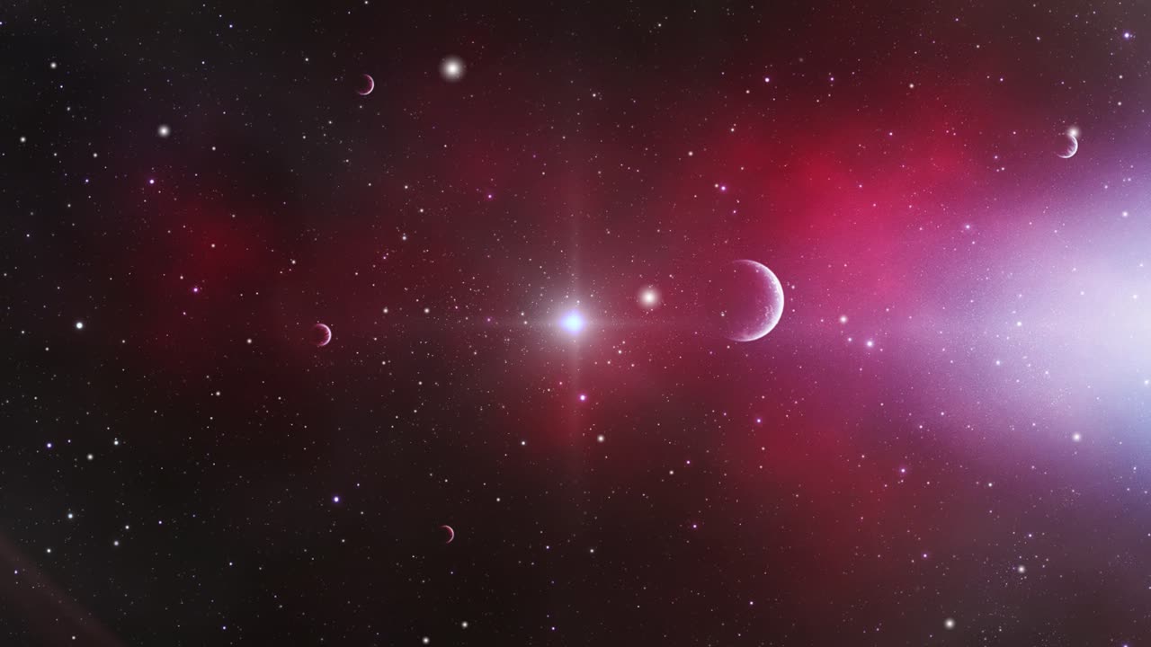 코스모스, 붉은 성운의 배경과 우주의 밝은 빛을 가진 여러 행성