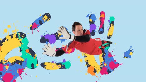 animation of football goalkeeper over colourful handprints on blue background