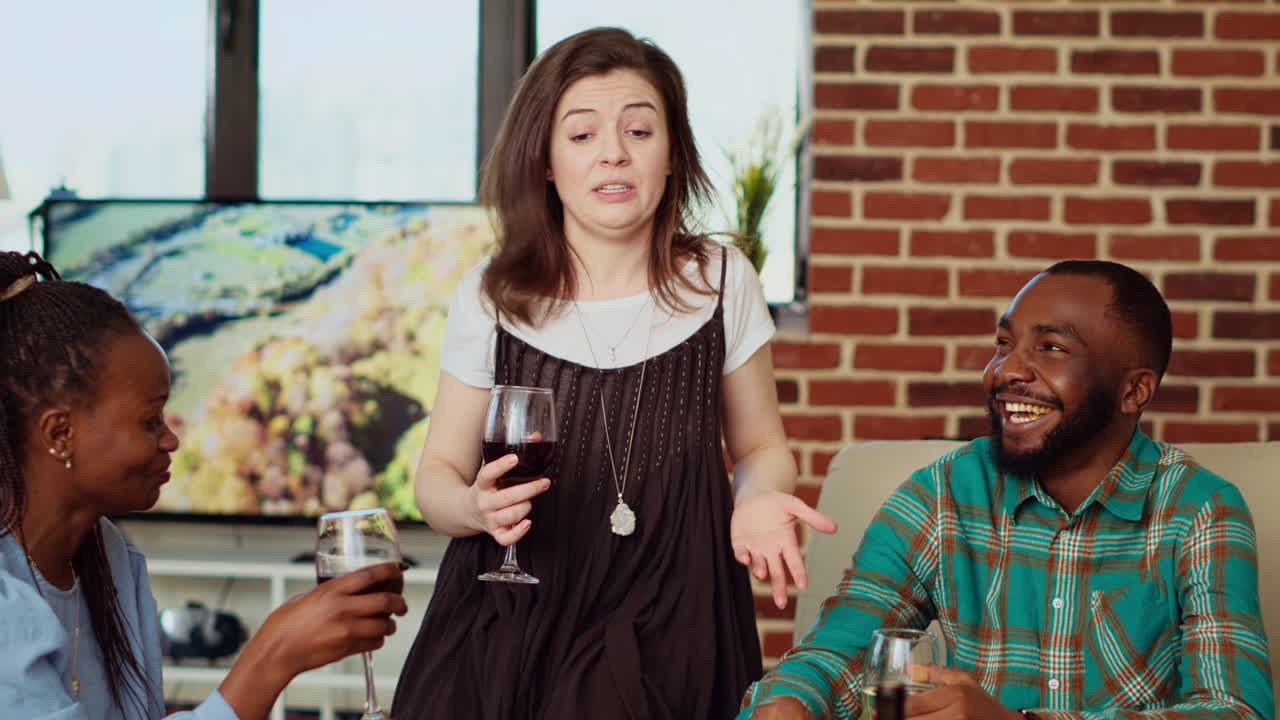 Woman telling entertaining story to friends at apartment party, making them laugh