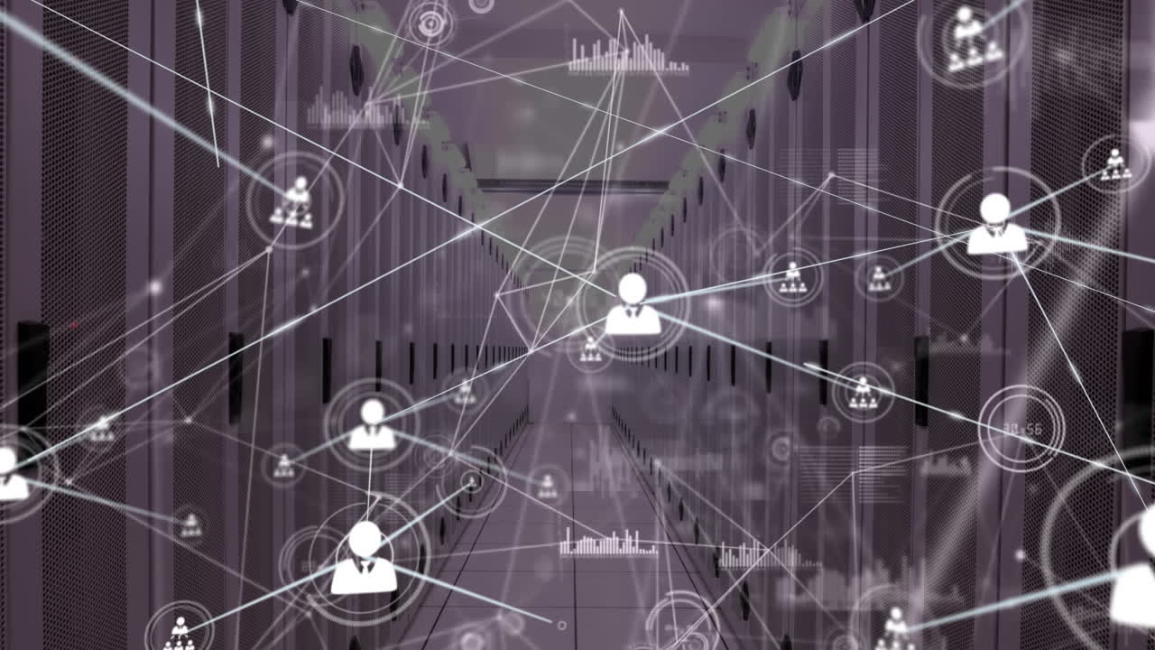 Animation of network of connections with icons and data processing over server room