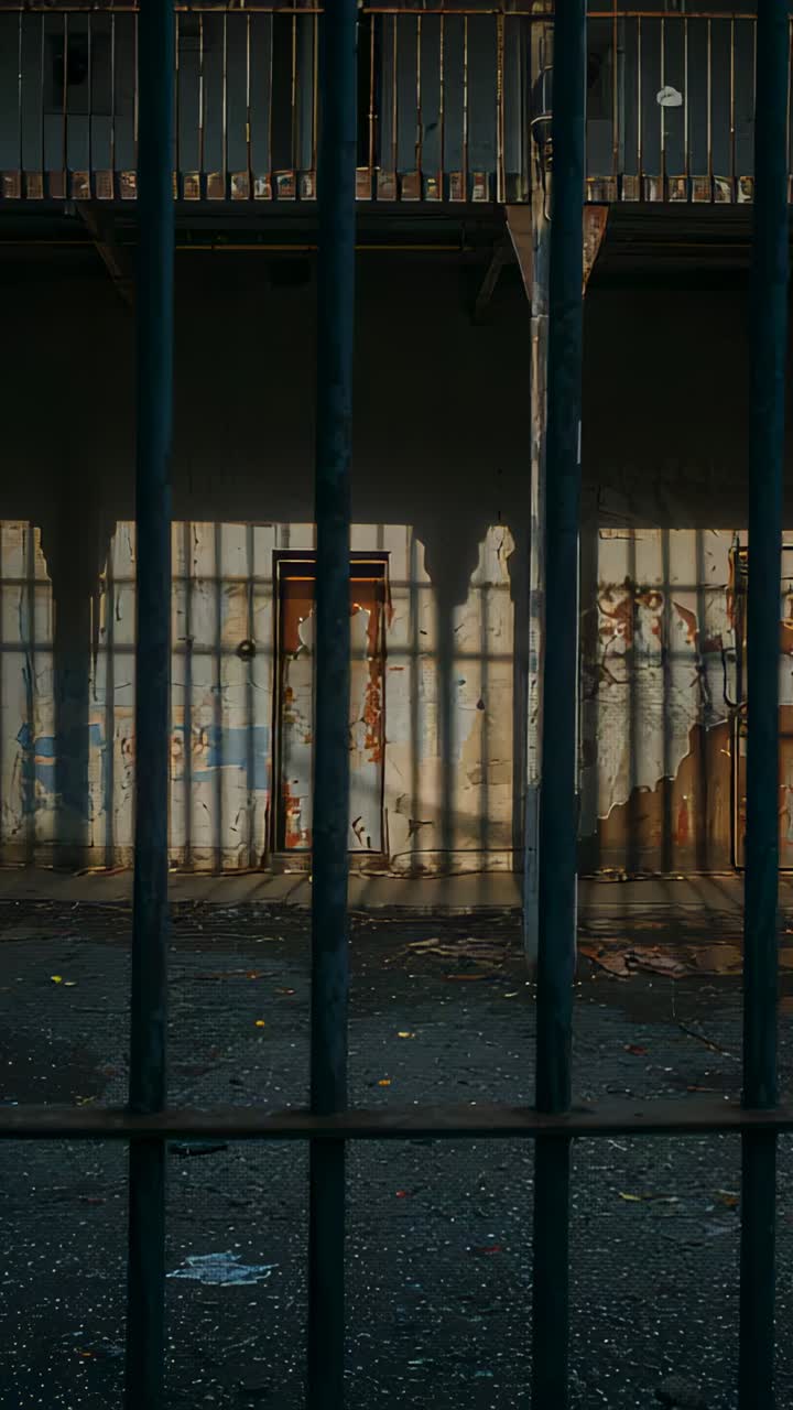 Vertical video: Sunlight shifting casting shadows bars showing rusted door peeling paint in hall