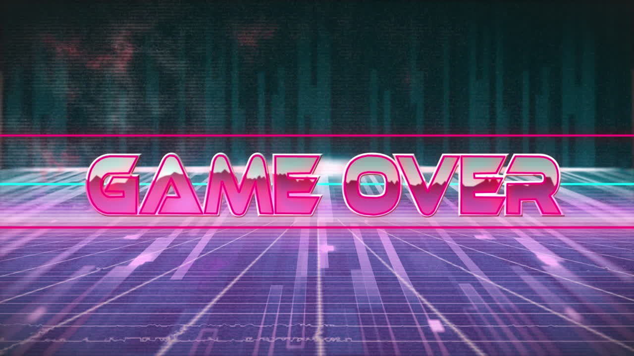 게임 오버텍스트 배너를 보라색 그리드 네트워크와 불빛 트레일에서 원활한 패턴으로 애니메이션