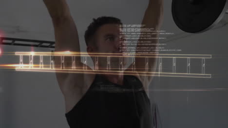 animación de procesamiento de datos y cadena de adn sobre hombre caucásico levantando barra en el gimnasio