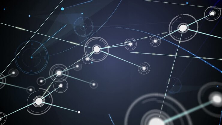 Animation of networks of connections with icons on black background