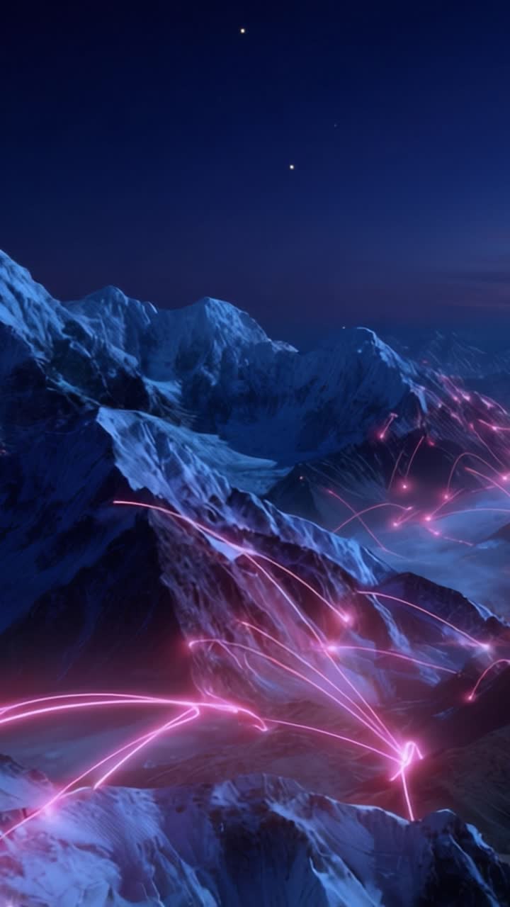 A Stunning Nighttime Digital Art Scene of Majestic Mountains Illuminated by Vibrant Light Trails and Starry Skies, Capturing the Beauty of Nature's Landscape