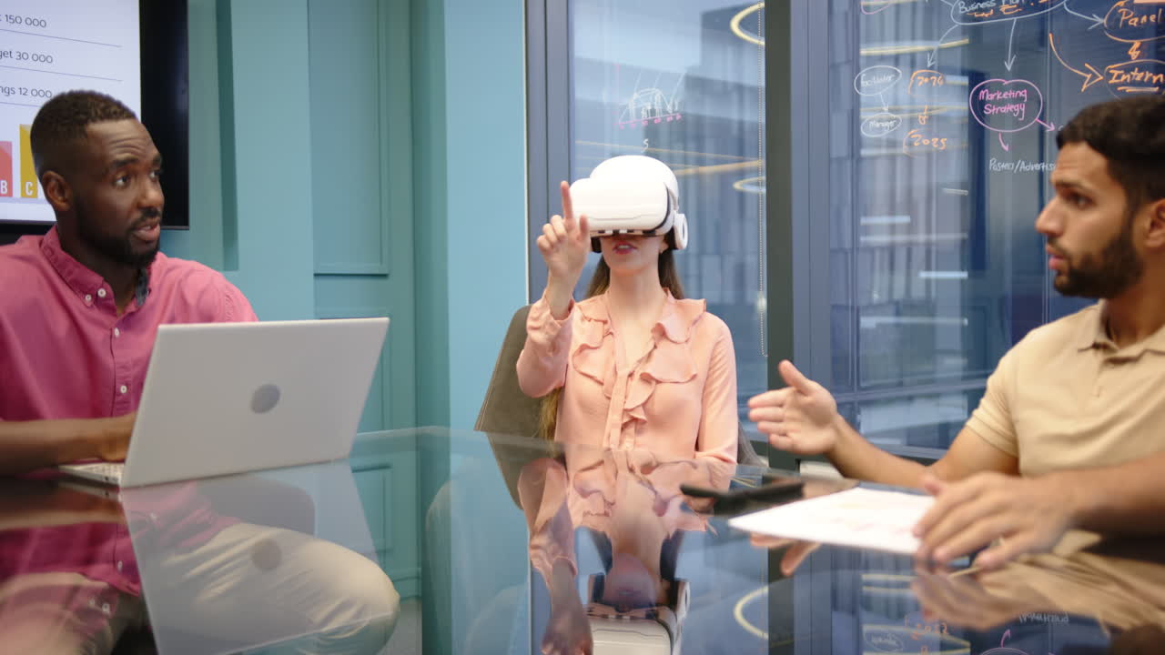 Using VR headset, woman in meeting with multiracial colleagues discussing project in office
