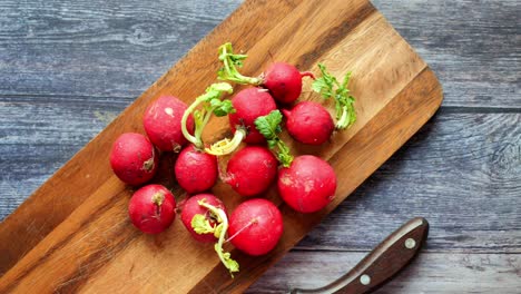 fresh red radishes on a wooden cutting board