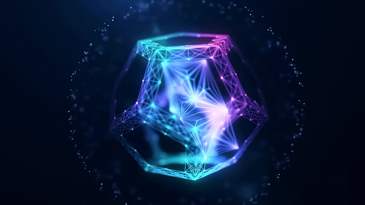 Close-up of geometric wireframe polyhedron suspended in deep navy gradient space, with inner core glowing brighter inside thin luminous filaments, cool cyan and magenta light creating futuristic