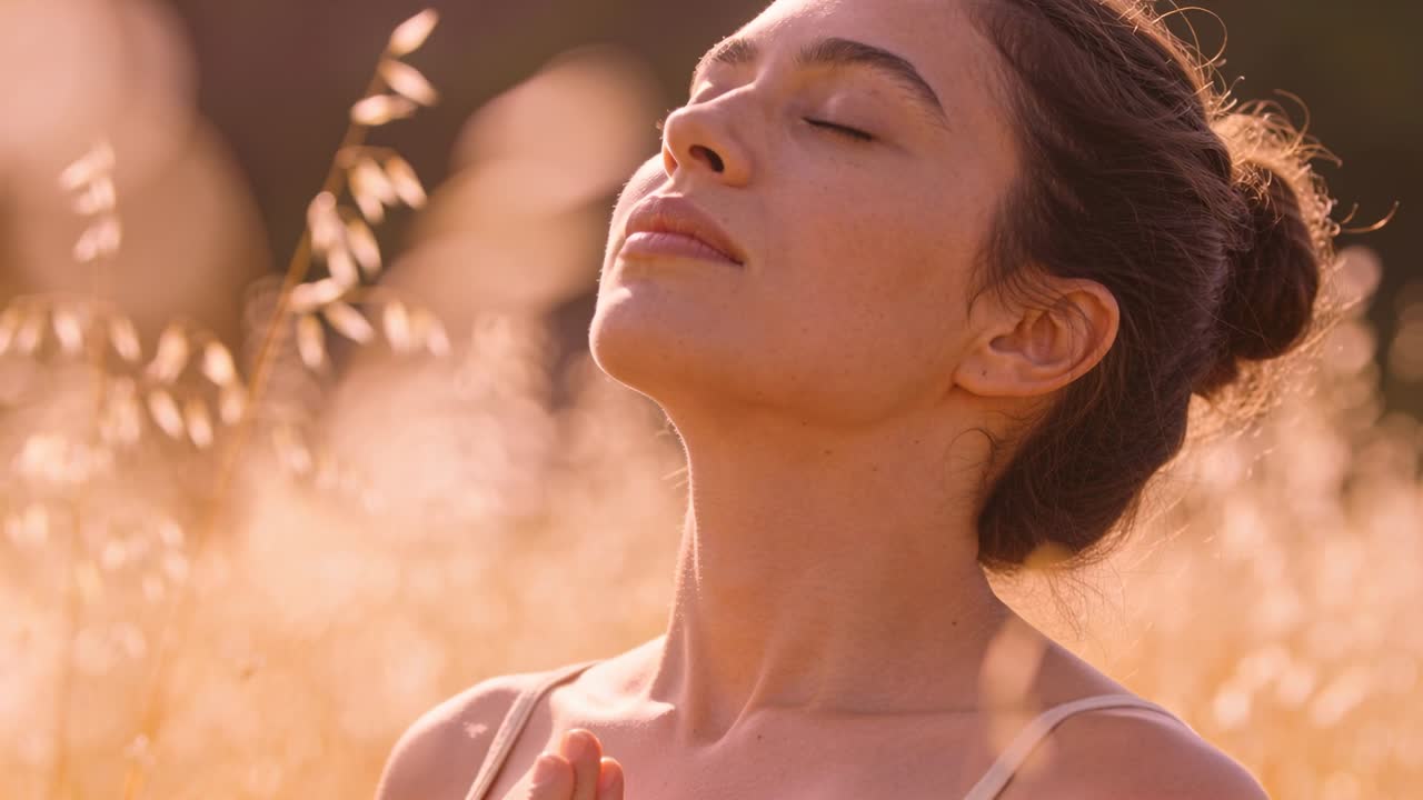 In risposta alla calda luce del sole, una donna alza il viso tra l'erba alta, indossando un top con spalline sottili, meditando.