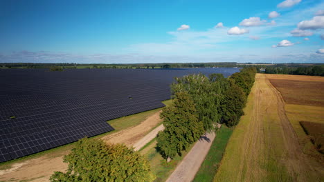 Plataforma-Rodante-Aérea-Sobre-Los-árboles-Para-Revelar-Una-Gran-Granja-De-Paneles-Solares