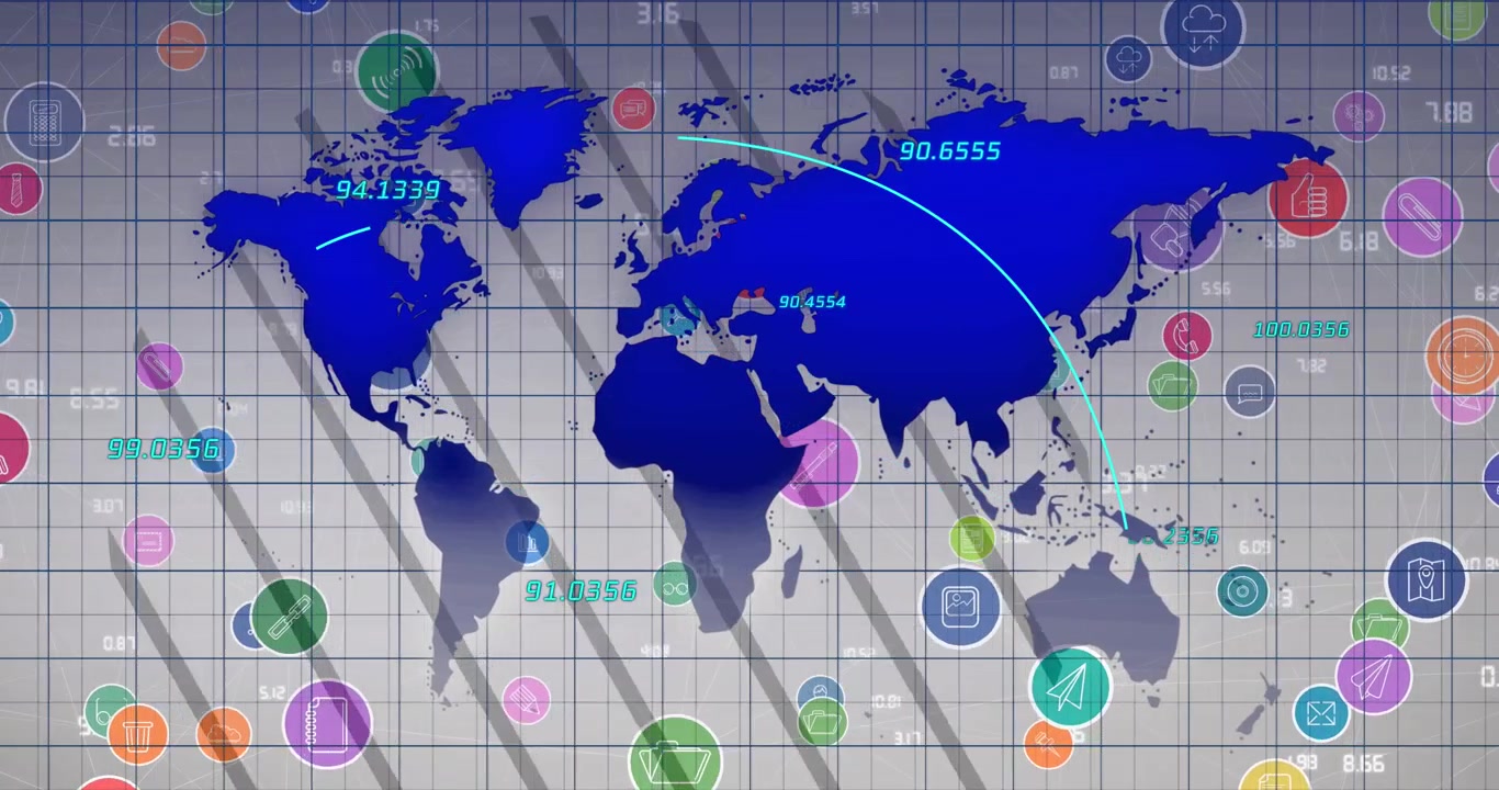 Animation of media icons and world map over white background
