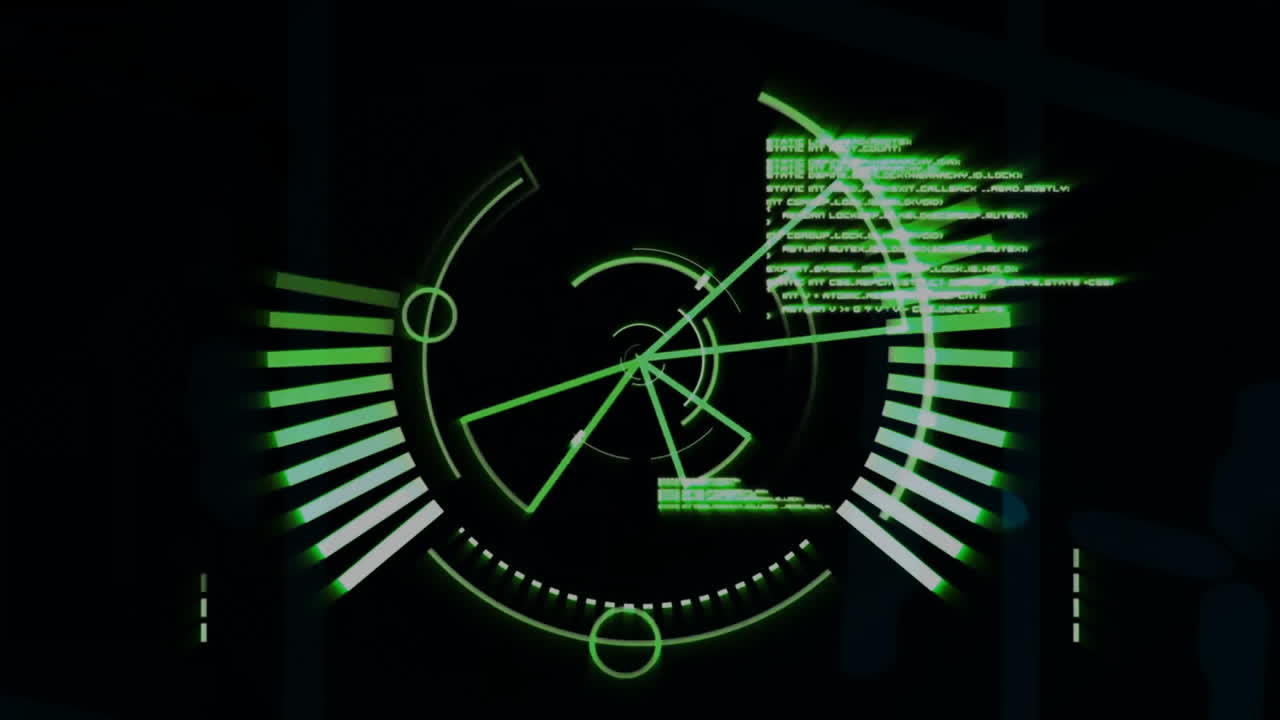 회전 요소와 데이터 처리 애니메이션을 가진 녹색 디지털 인터페이스