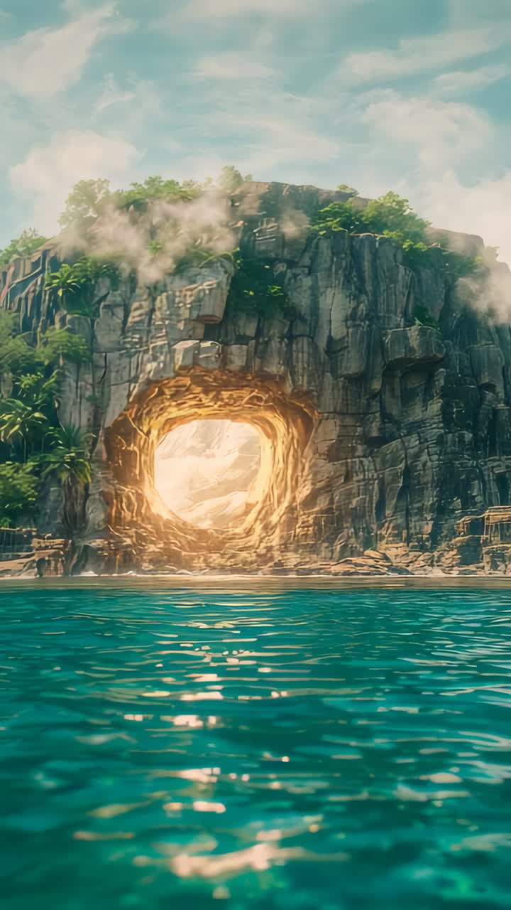 Vertical video: Panning camera closing on tall rocky cliff at blue sea, revealing glowing portal