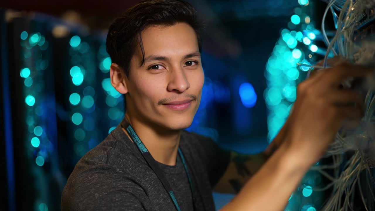 A confident technician engages with digital wiring, capturing the essence of modern technology while surrounded by shimmering blue lights, showcasing creativity and expertise in a vibrant, tech-filled environment