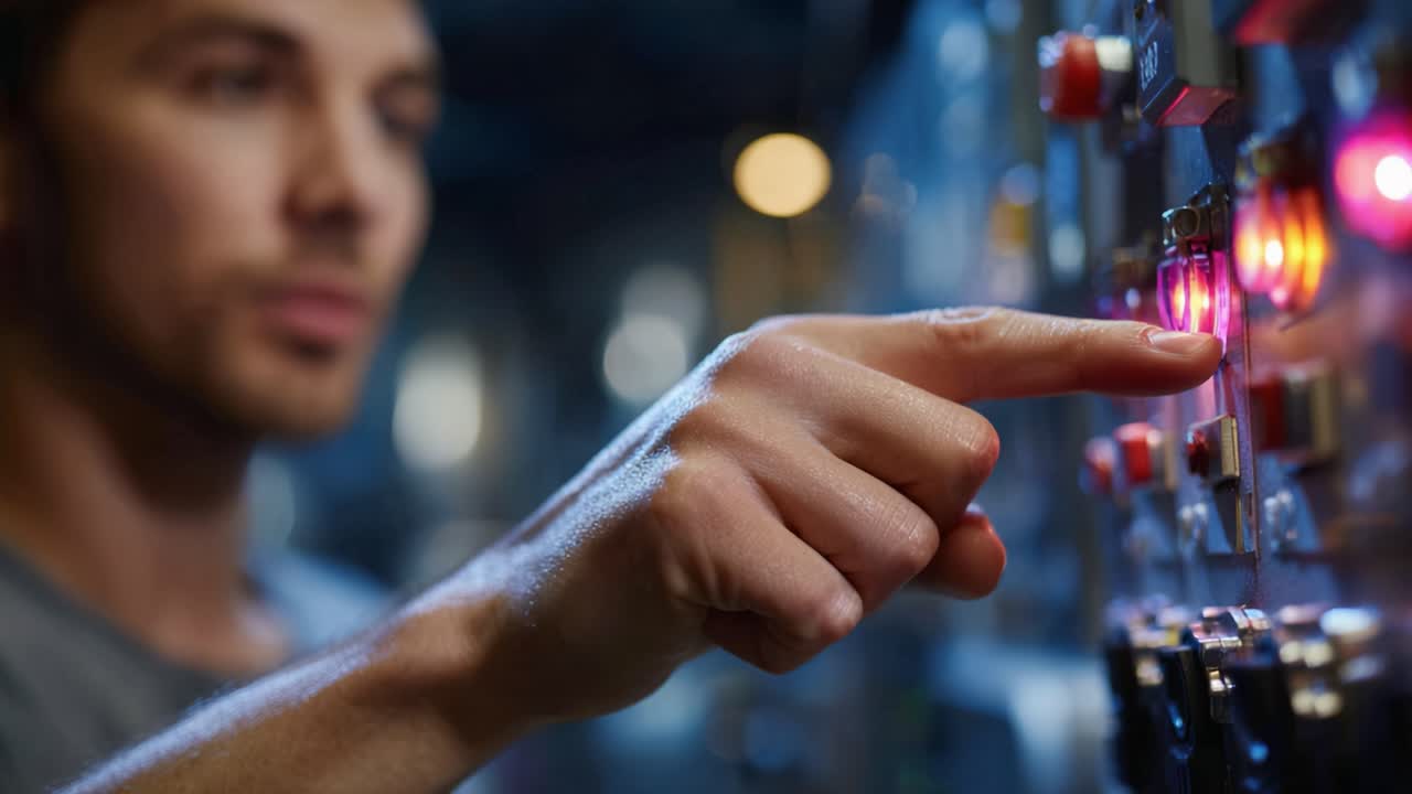 Focused Operator Engages Control Panel, A Single Finger Press Initiating Controls and Monitoring in a Technological Environment with Illuminated Indicators and Buttons