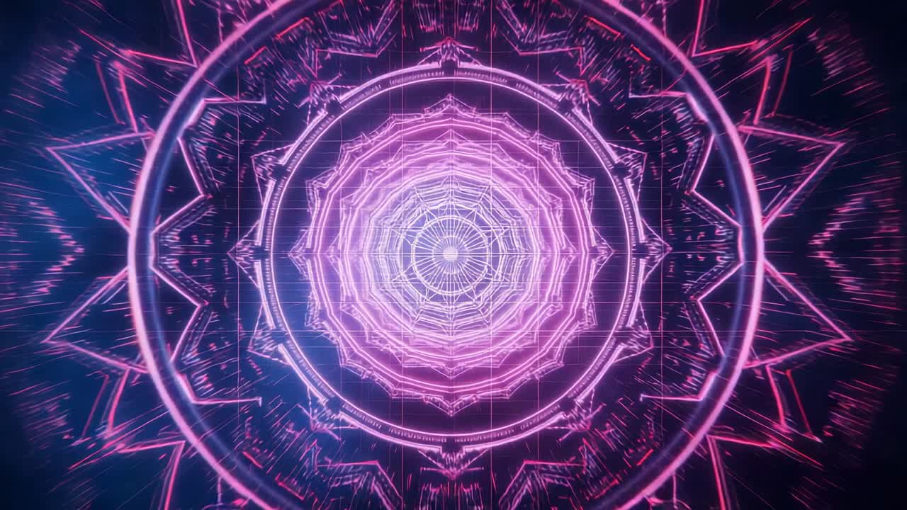 Emerging neon pink-blue mandala rotating pulsing rings in dark void, creating visual rhythm