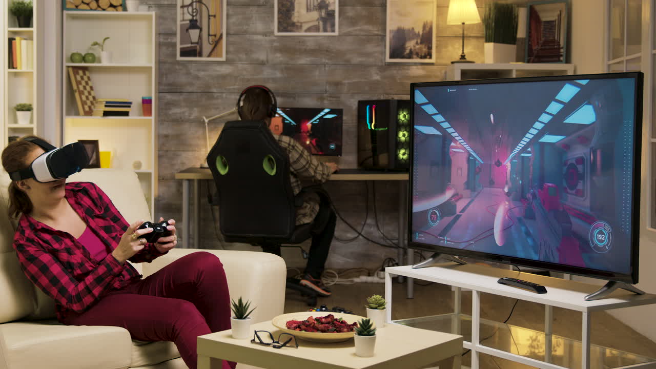 Gamer Playing VR Video Game at Home