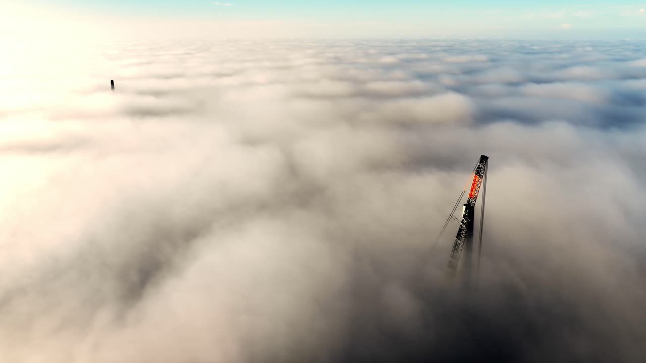 Cranes erecting the high foundations for the wind turbines tower above the low-hanging clouds