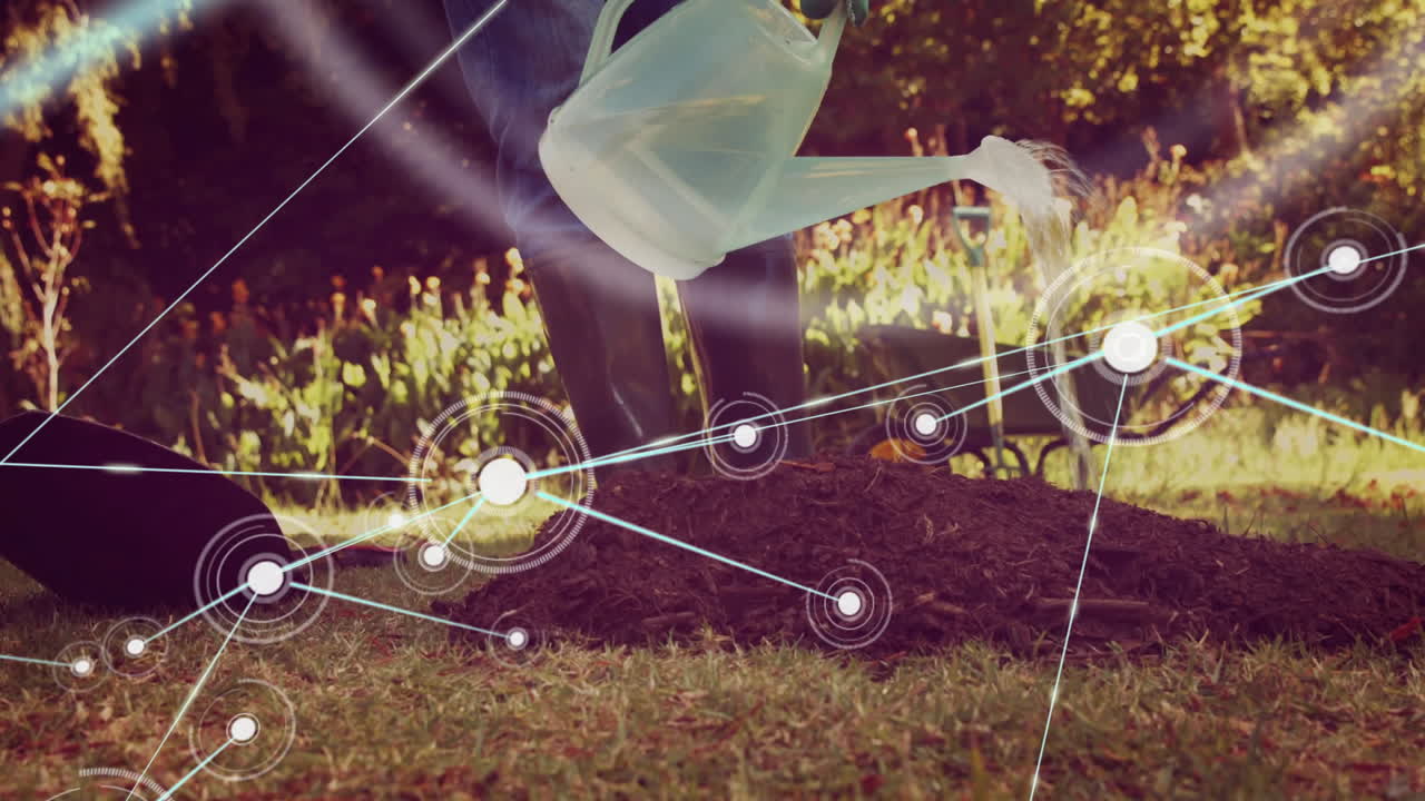 정원에서 식물에 물을 주고, 네트워크 연결, 잔디와 토양에 대한 애니메이션