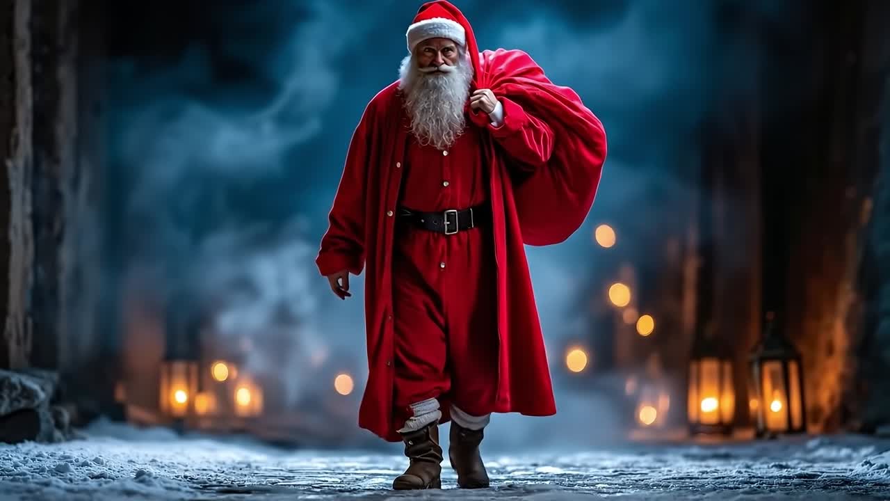 A man dressed as Santa Claus walking down a snowy street at night