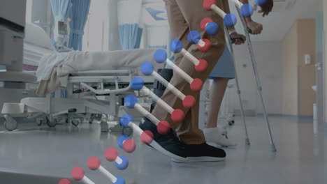 animación de cadena de adn sobre diversos médicos y pacientes masculinos en el hospital