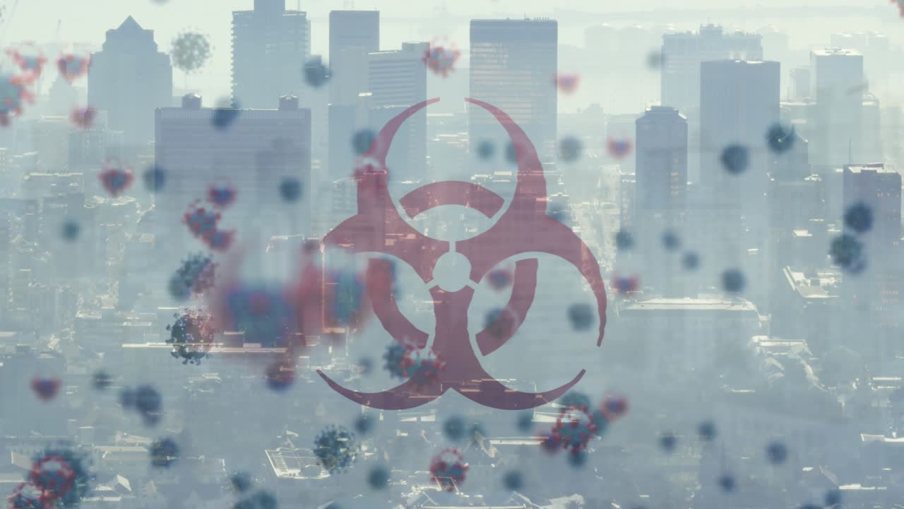 Animation of biohazard and virus cells over cityscape