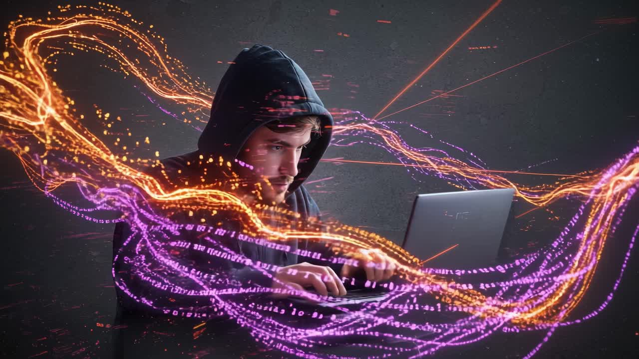Young man works on laptop immersed in digital coding environment showcasing vibrant data streams and technology