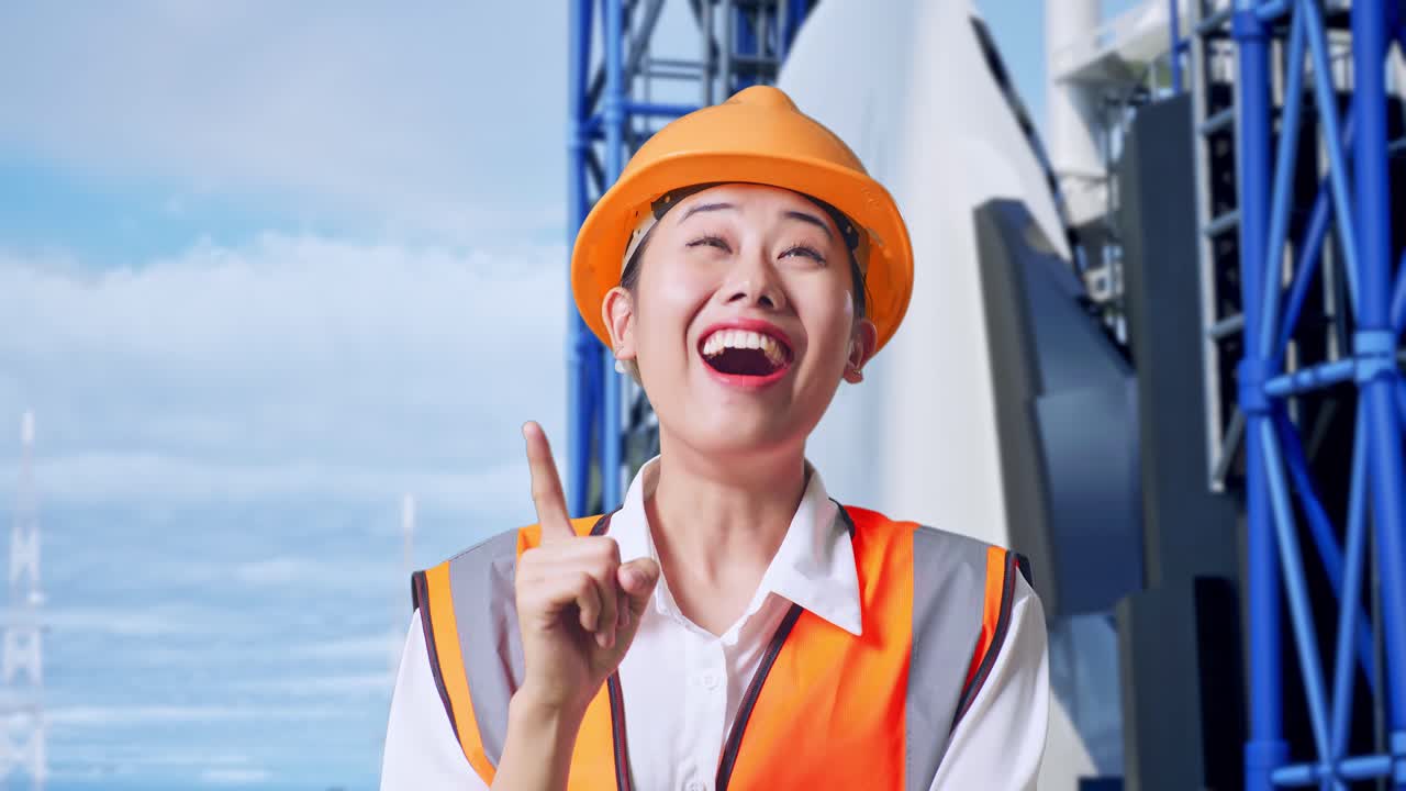 로켓을 가리키는 행복한 엔지니어