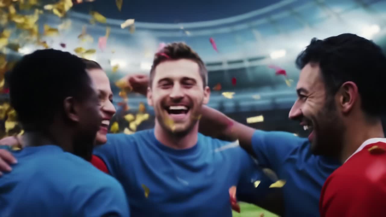 Team Celebrates Victory After Thrilling Match in a Packed Stadium at Night