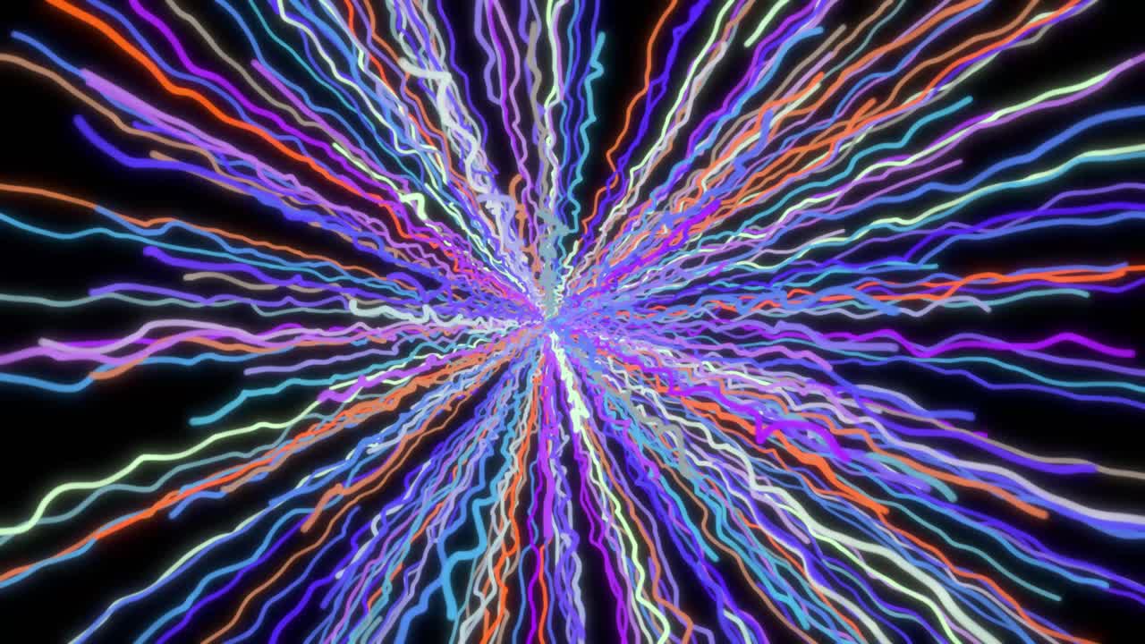 Squiggly lines in three dimensional animation coming from the center of the screen - abstract graphic for title, concert, copy space background