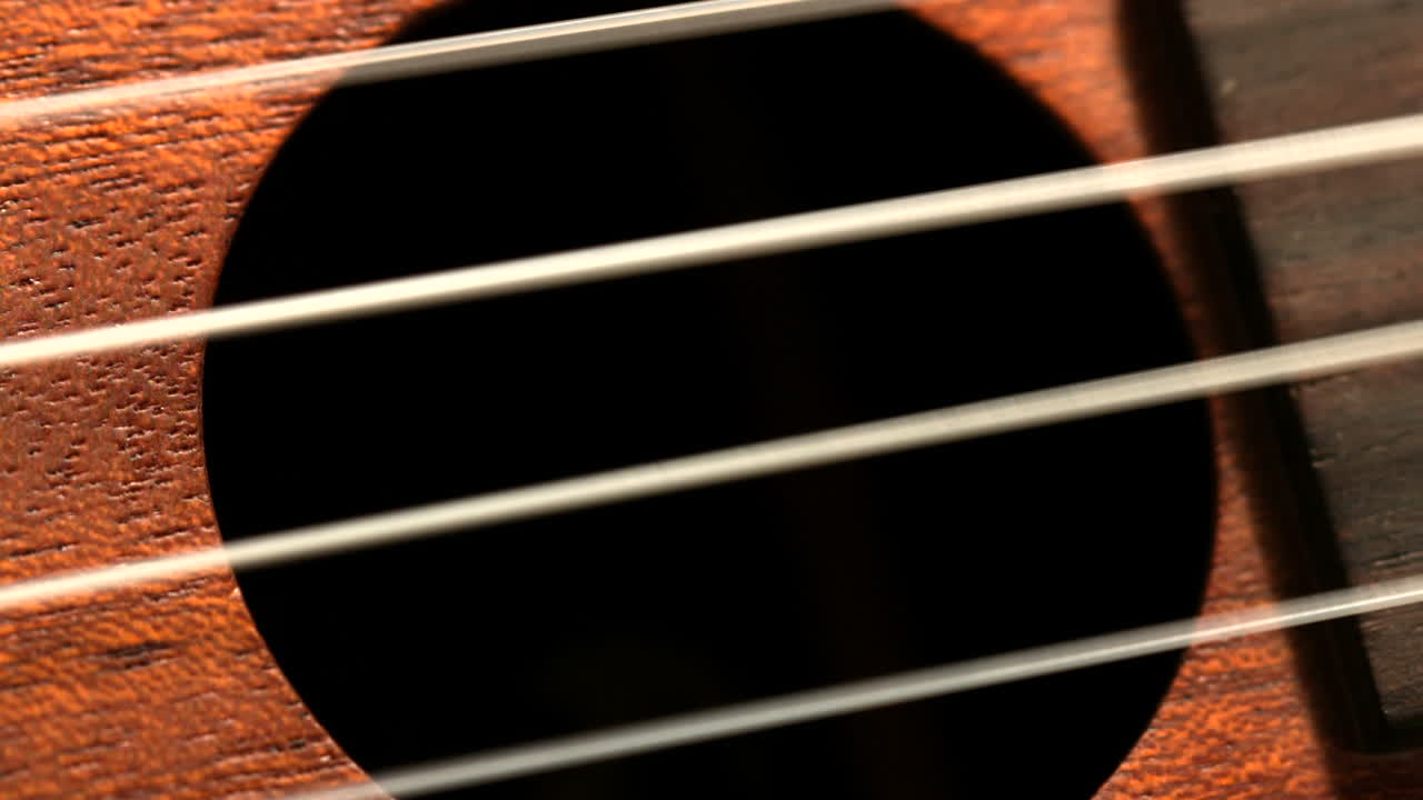 Hand strumming guitar strings close up