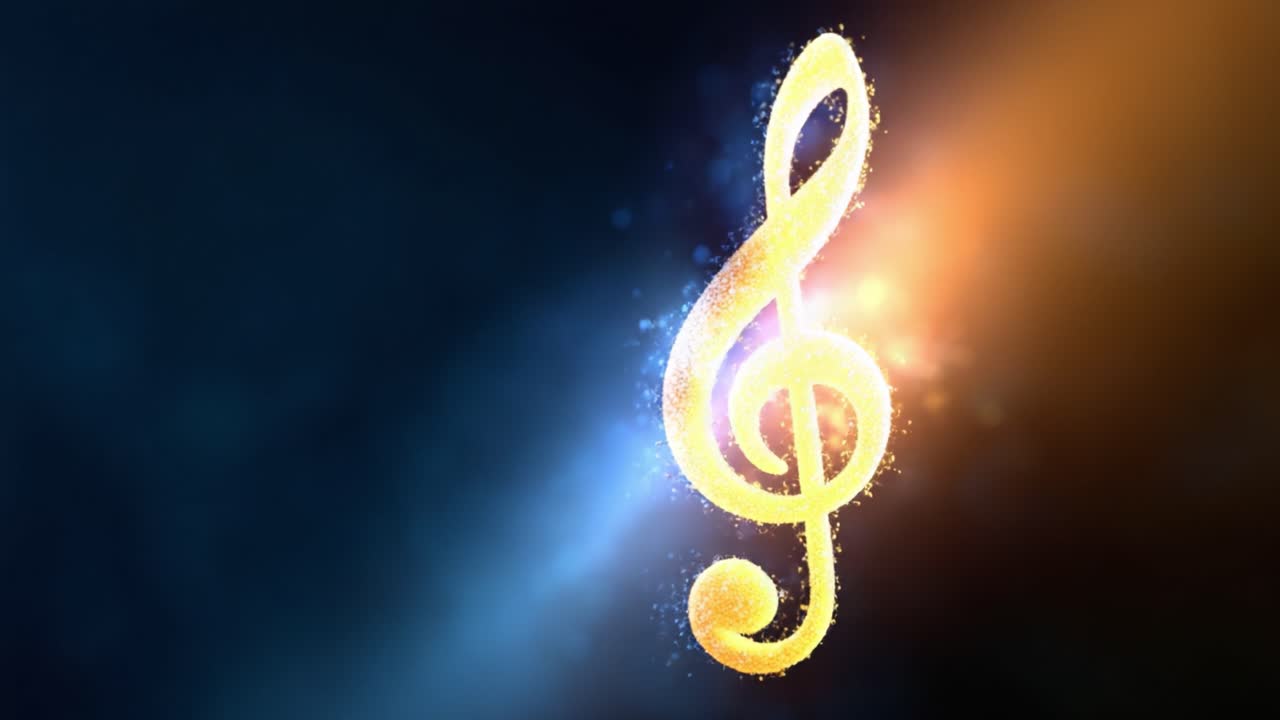 En glitrende diskantnøgle omgivet af en mystisk lysaura, der indfanger musikkens essens i en fantastisk visuel fremvisning af farverige gnister og farveforløb.