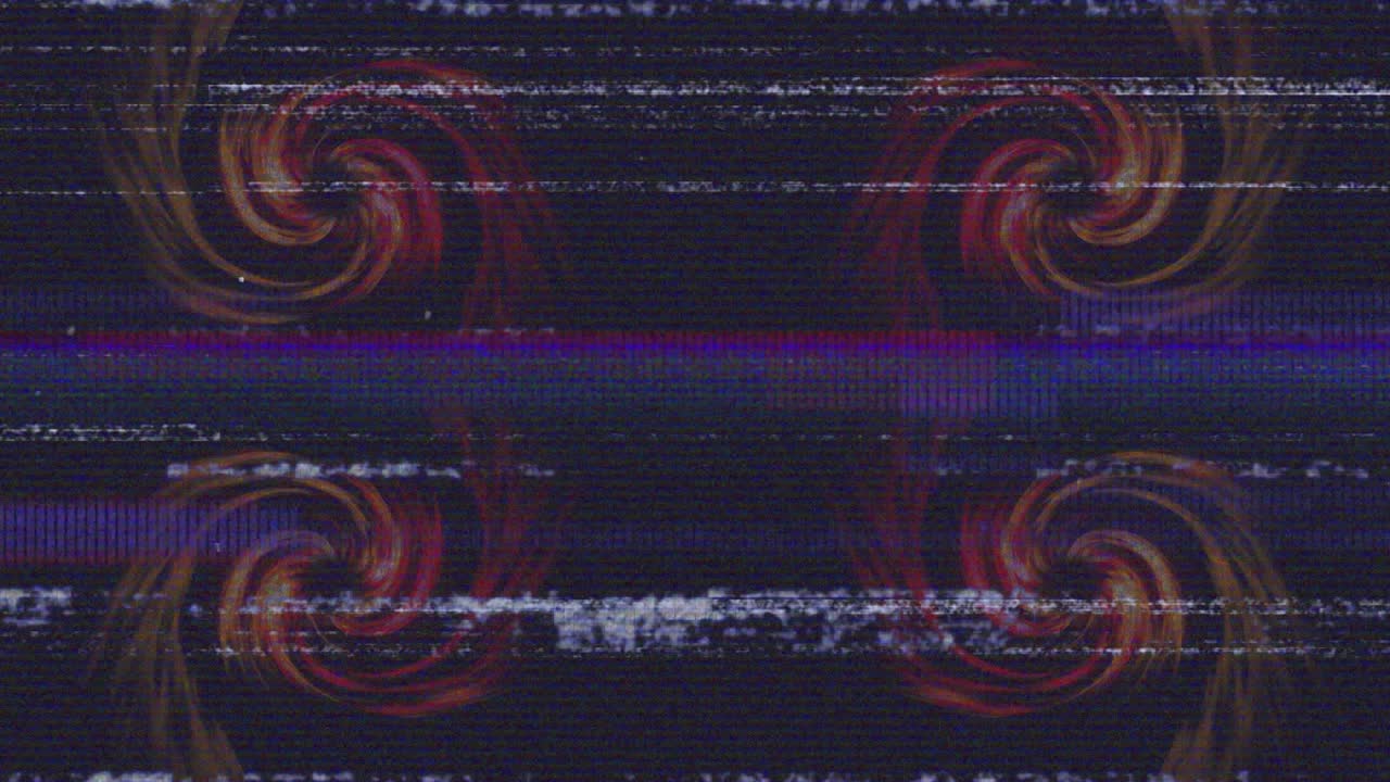 Blue scan line starting 4 red spirals rotating, glitch while static bands scanning, looping glitch