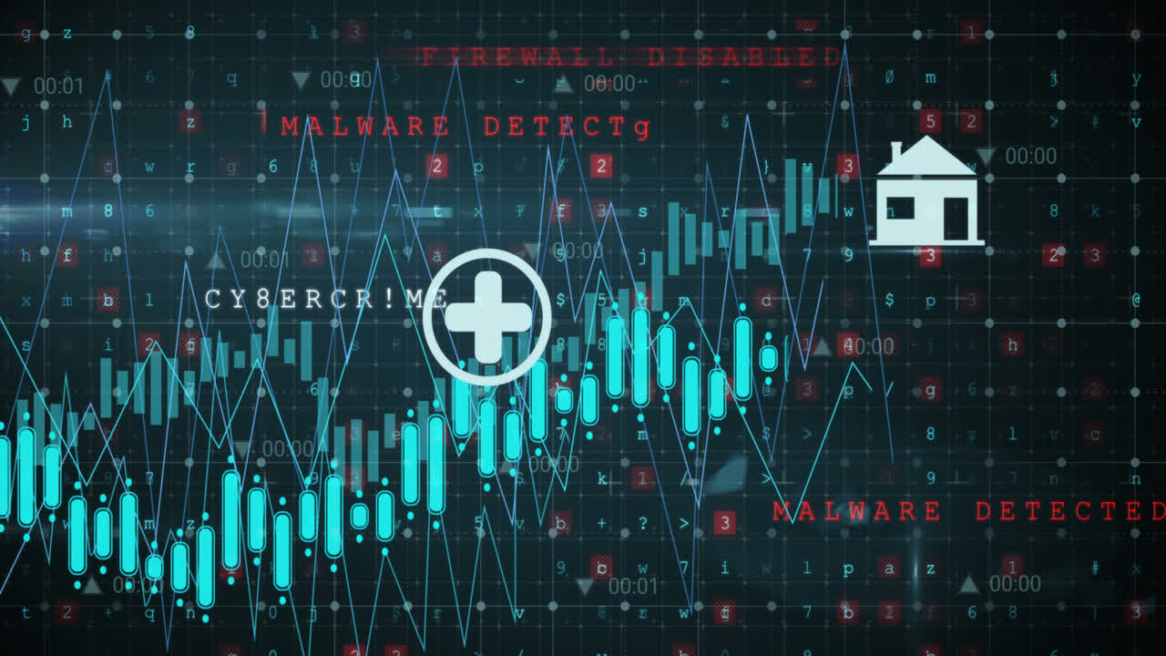 Animation of data processing and icons on black background