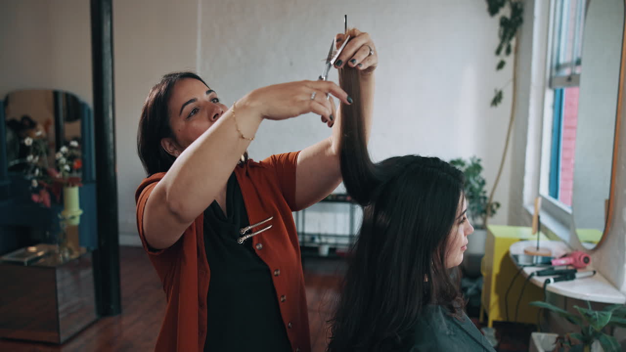 Hairdresser Cutting Long Dark Hair of a Female Client in a Salon