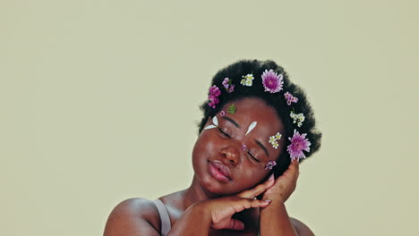 Skincare,-portrait-and-flowers-on-face-for-black