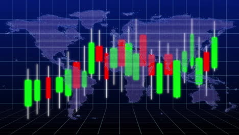 candlestick chart animation over world map, depicting global financial data trends