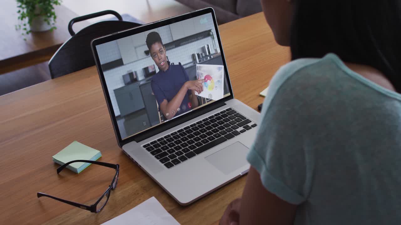 African american woman having a video call with female office colleague on laptop at home