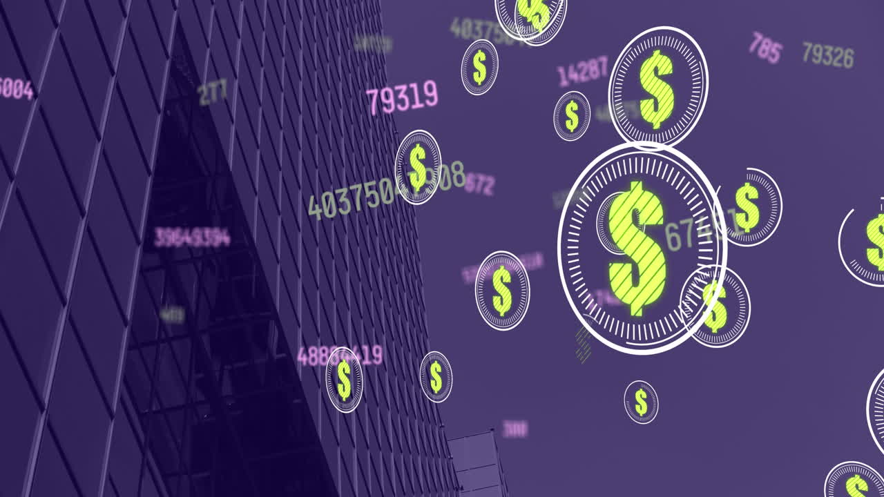 animazione di numerosi numeri mutevoli e simboli di dollari contro la vista a basso angolo dell'edificio tal