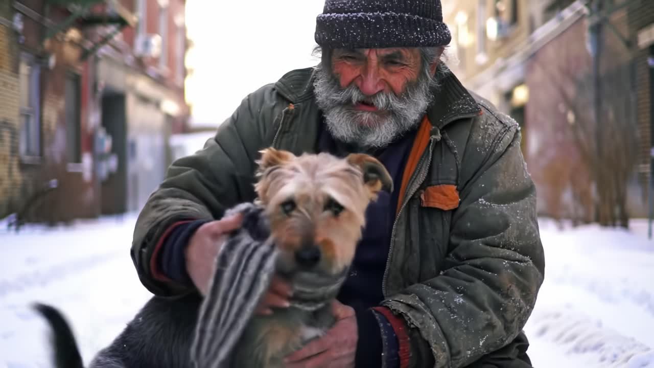 A Heartwarming Portrait of Companionship: An Elderly Man and His Beloved Dog Amidst a Snowy Urban Landscape, Sharing Warmth and Connection in the Chill of Winter