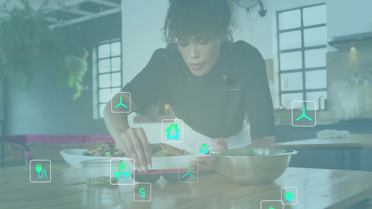 Chef seasoning dish on countertop animating green icons for energy recycling finance sustainability
